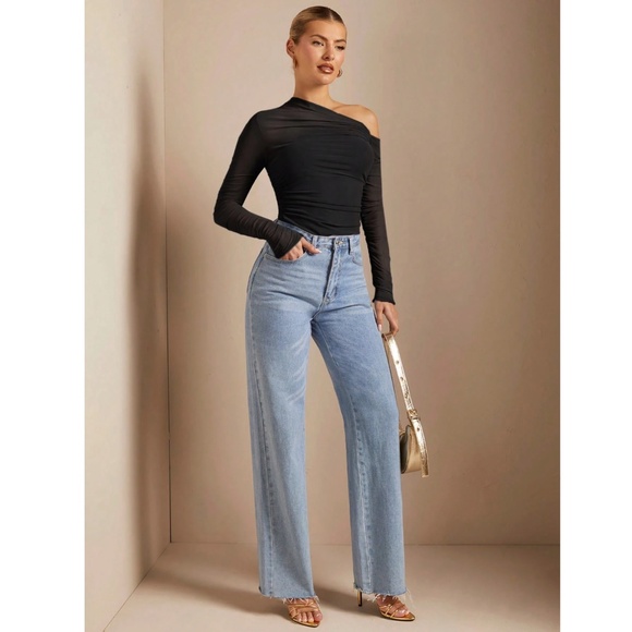 Black Mesh Ruched Asymmetrical Slim Fitted Shirt Tee Top Sheer - Picture 6 of 13